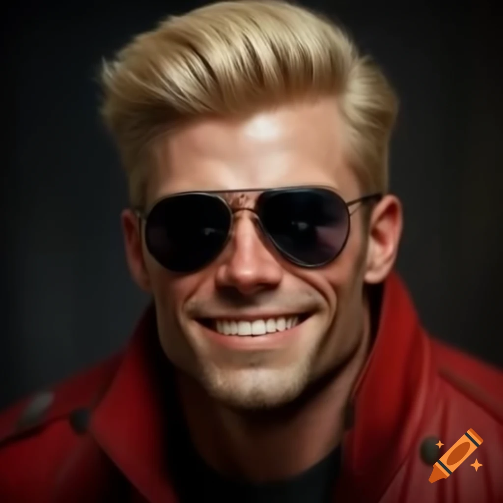 Cool smiling blonde man in dark sunglasses and red jacket