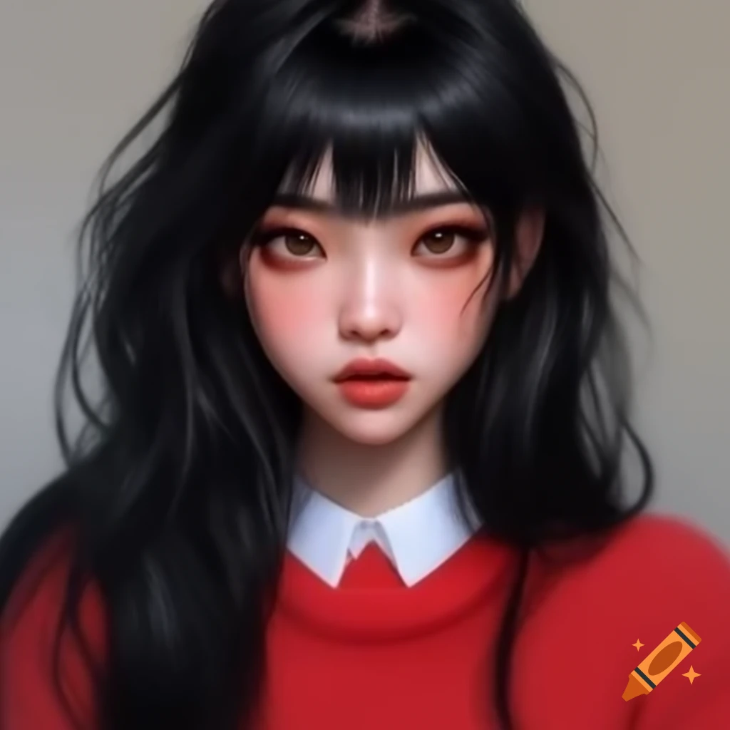 Asian woman with long black hair and red sweater with white collar