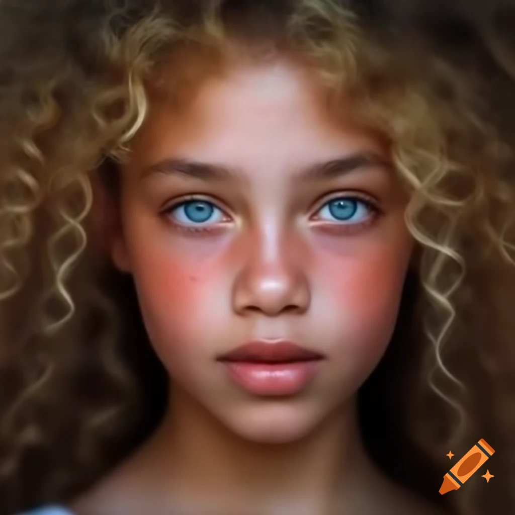 Young woman with curly blond hair and vibrant blue eyes, photorealistic