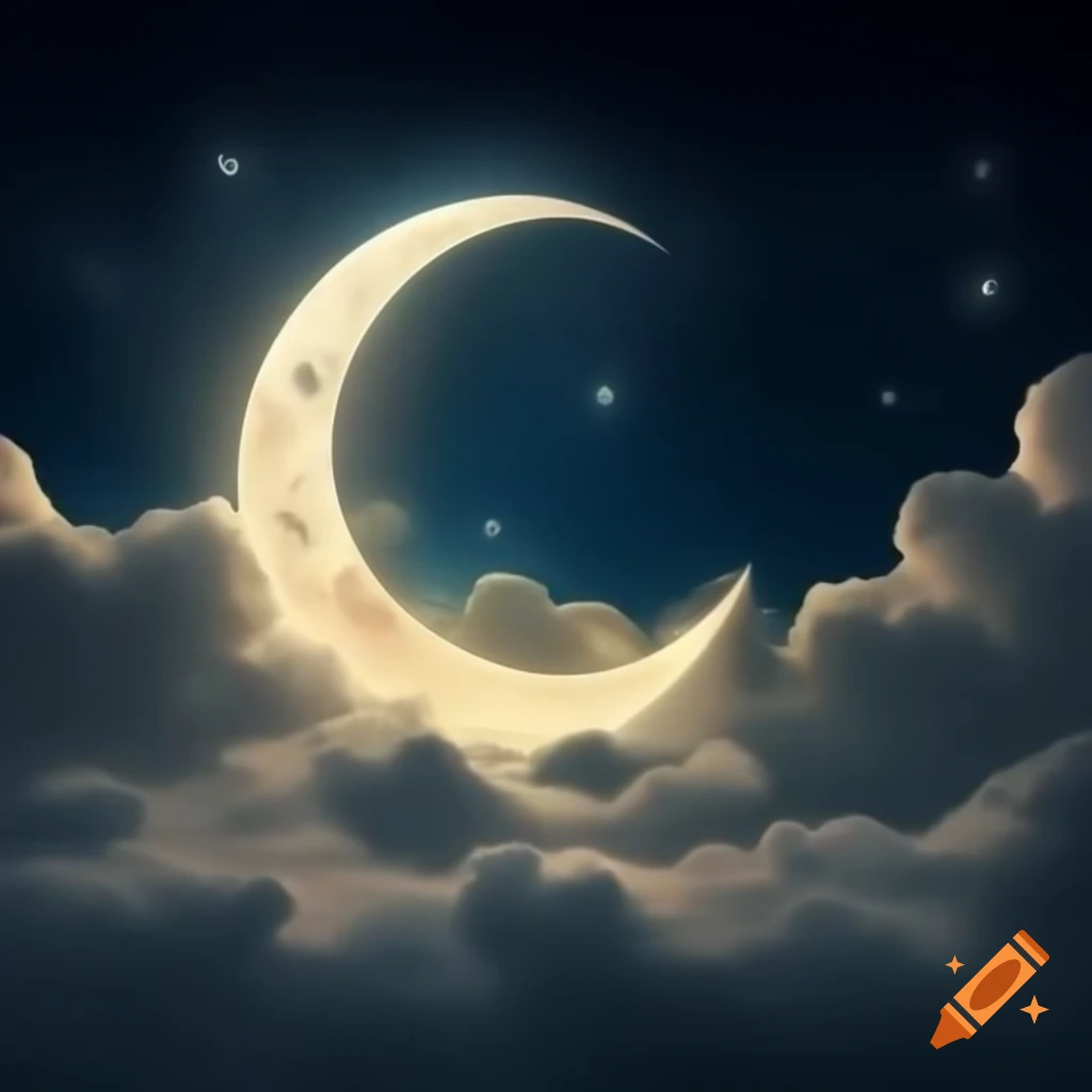 Crescent moon glowing in clouds with stars in the background