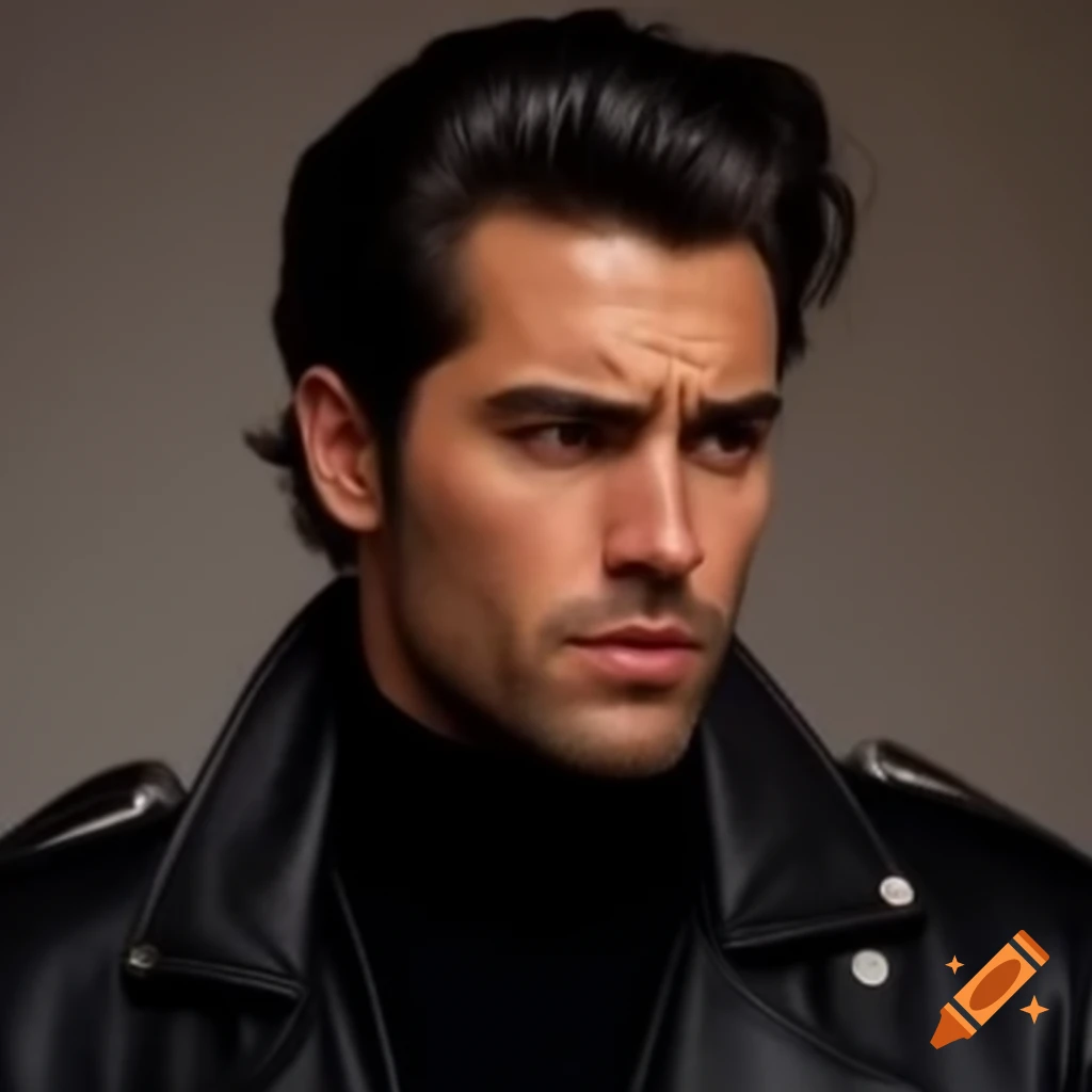 Man with 80s black hair in leather jacket and turtleneck, looking concerned