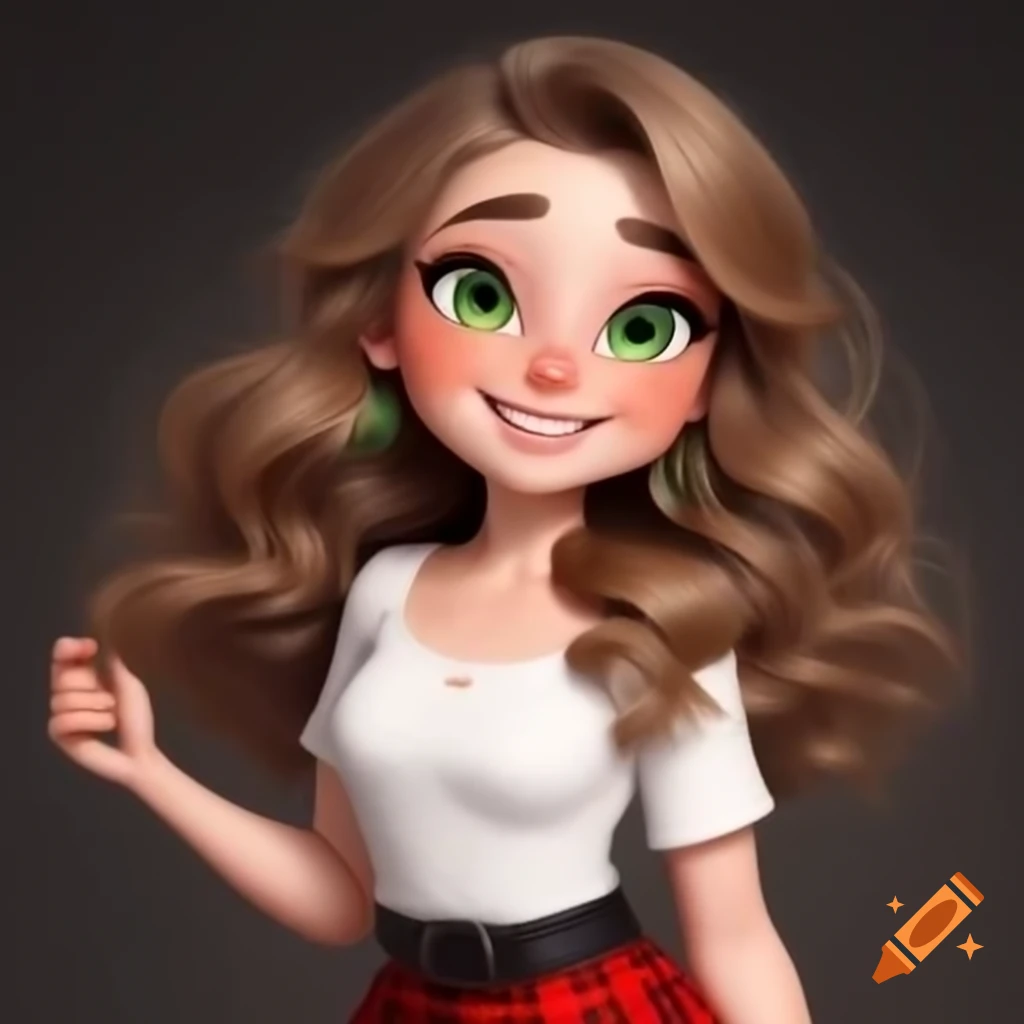 Young woman with wavy light brown hair and grey-green eyes in white top and red kilt