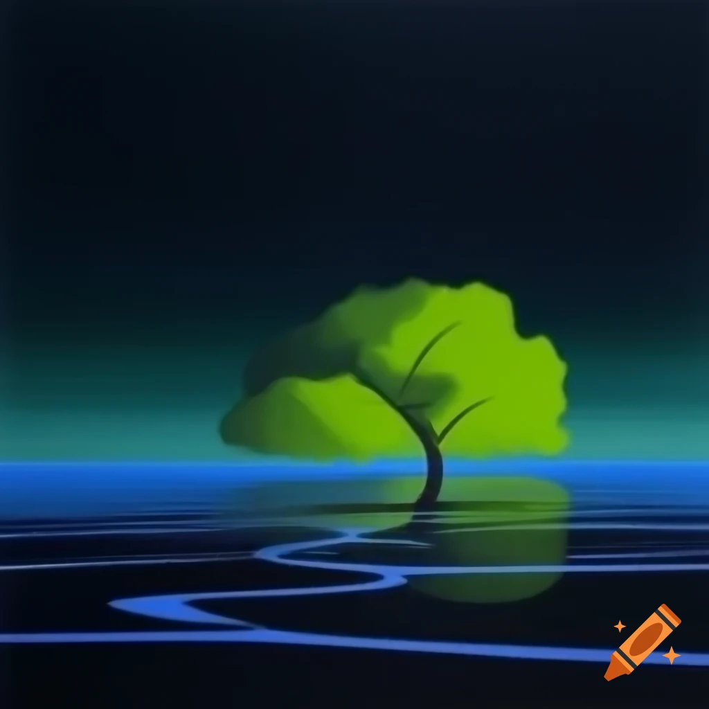 Minimalist painting of a lone tree at night with vibrant colors