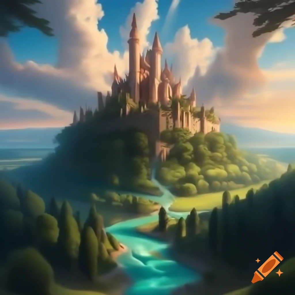 Medieval castle on a rolling hill surrounded by vibrant forest