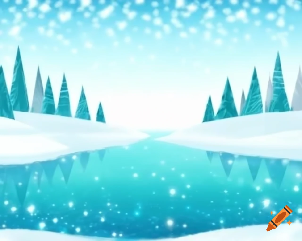 Sparkling winter lake in blue and white storybook style