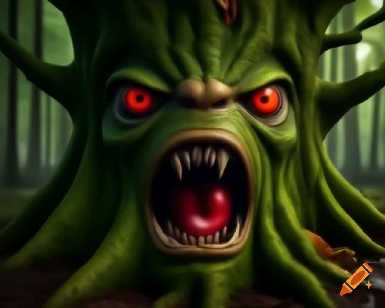 Creepy human face made of bark on tree in woods, 3D CGI anime fantasy