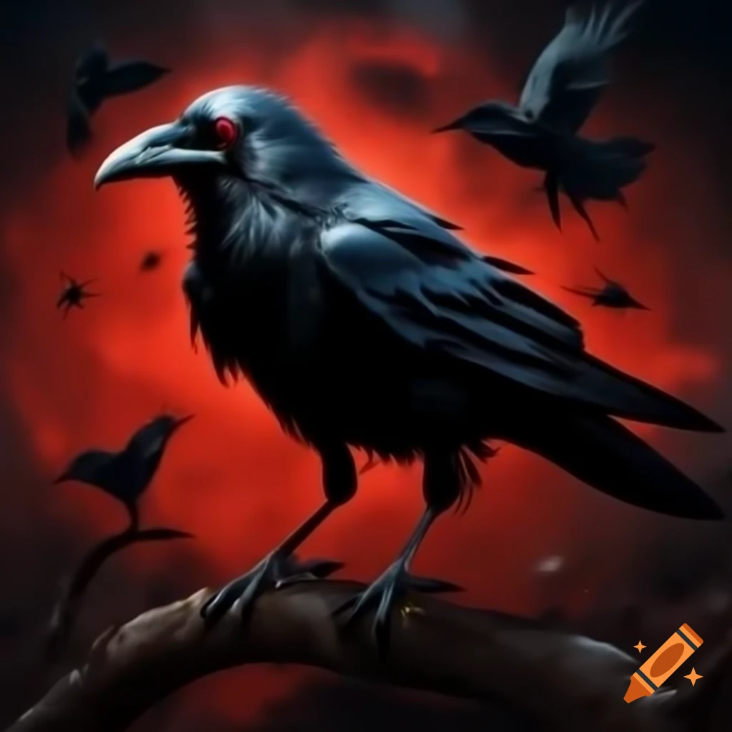 Aggressive black crow with red eye on branch against red night background