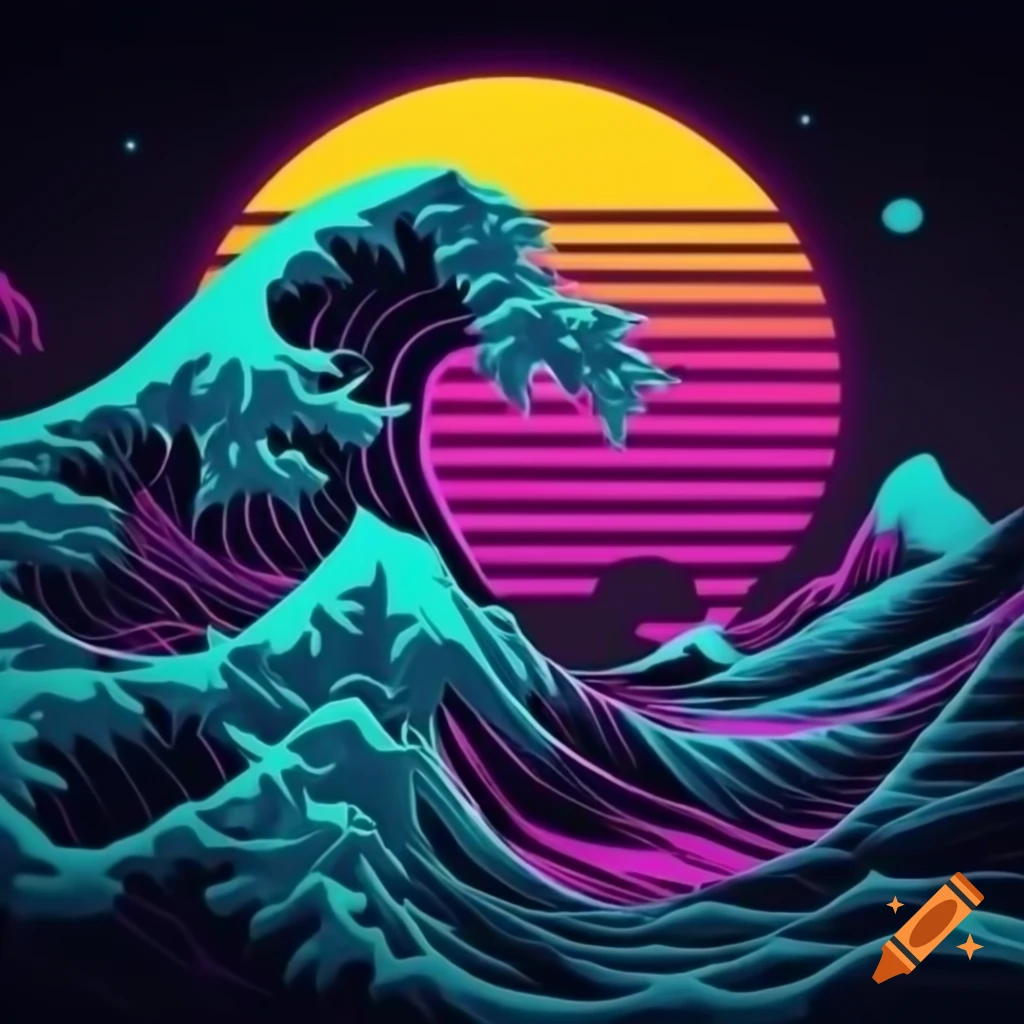 Retro wave landscape featuring neon grid extending into infinity