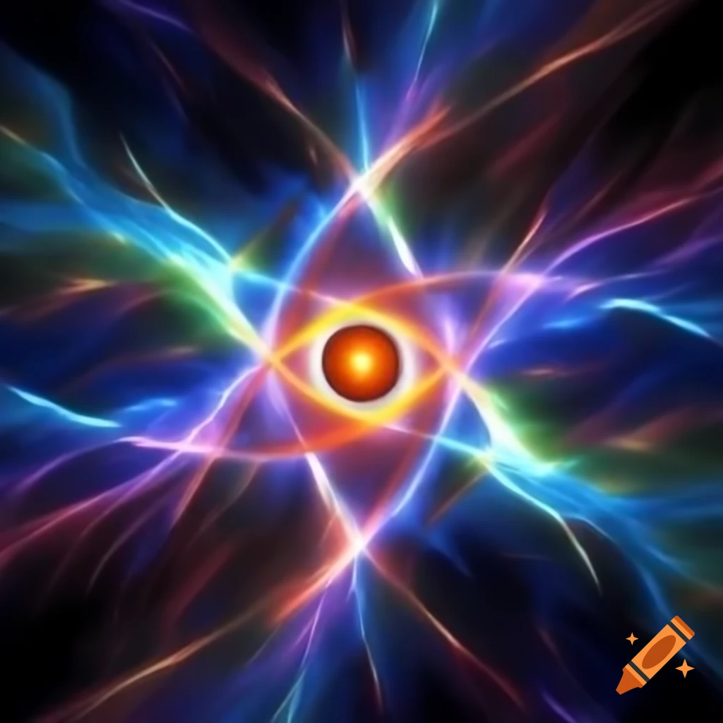 Impressionist-style painting of electrons emitting colorful rays in an atom
