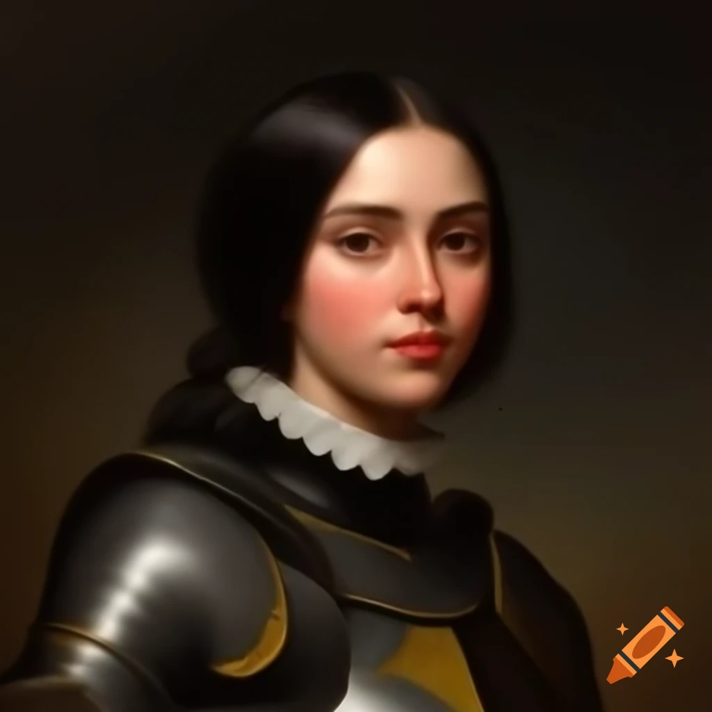18th century oil painting of a woman in knight's suit with long black hair