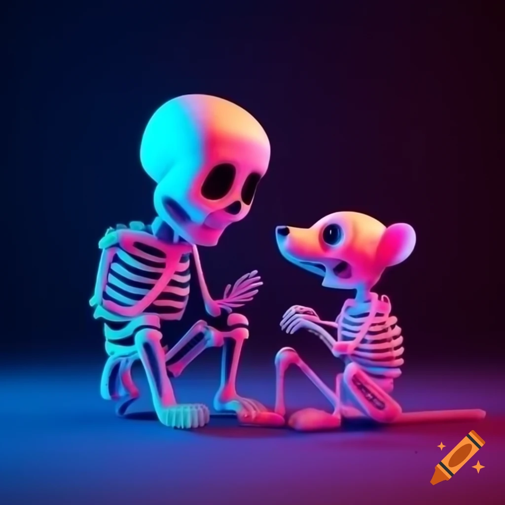 3D skeleton interacting with a possum in vibrant neon colors