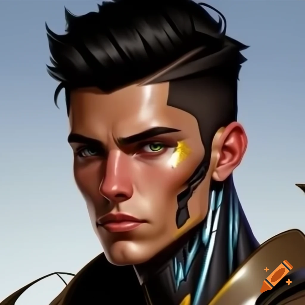 Headshot of young South American male cyborg with metallic skin and determined expression