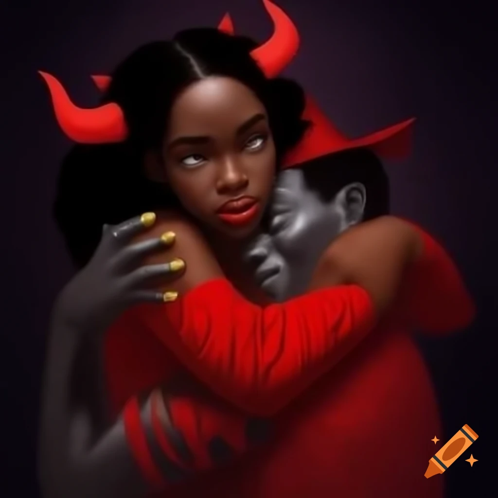 Black woman in Uncle Sam clothing hugging a devil figure