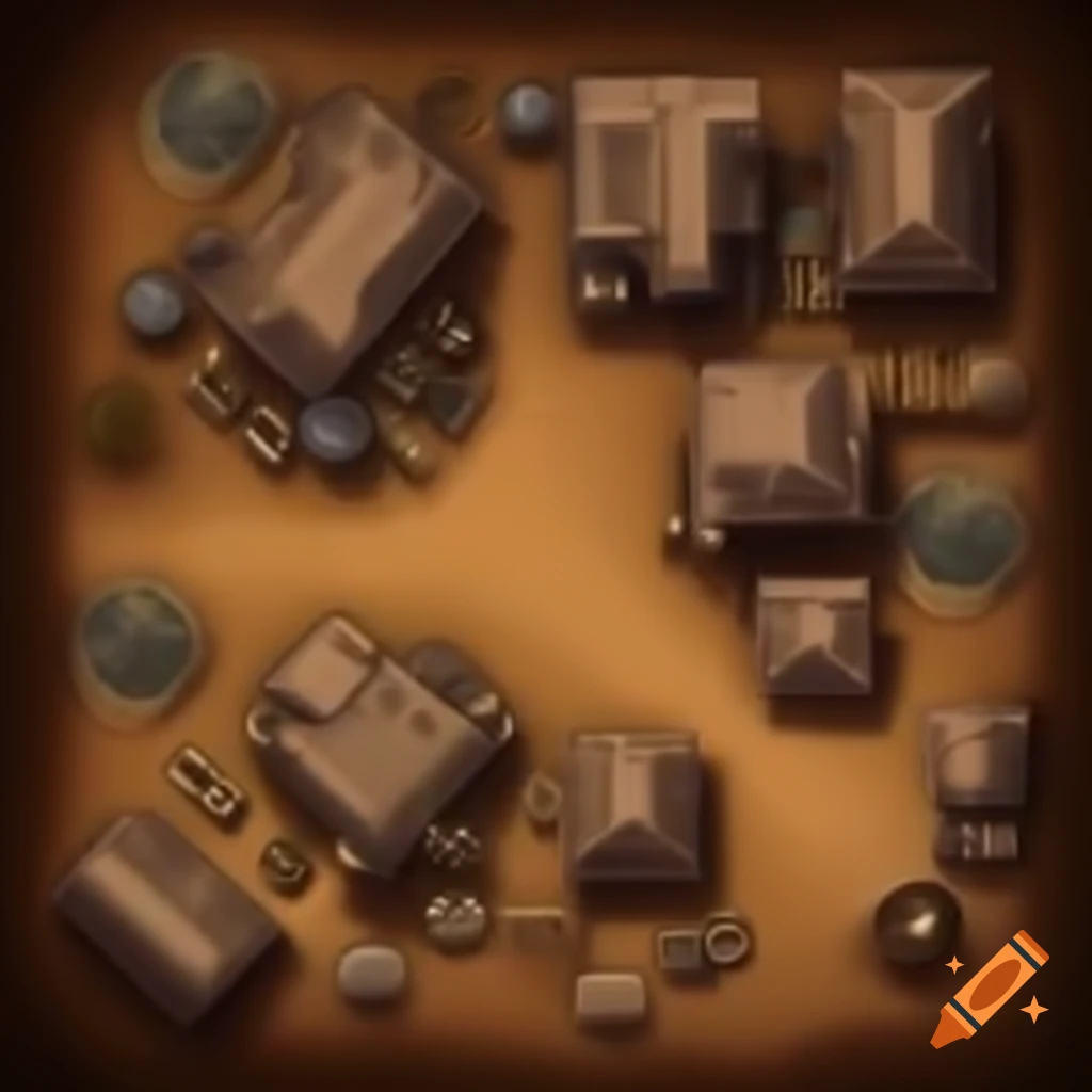 Top down view of a science fiction desert village battlemap