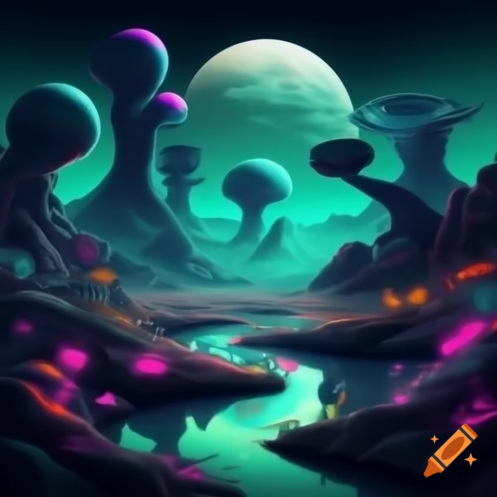 Surreal alien landscape with cool colors creating an eerie atmosphere