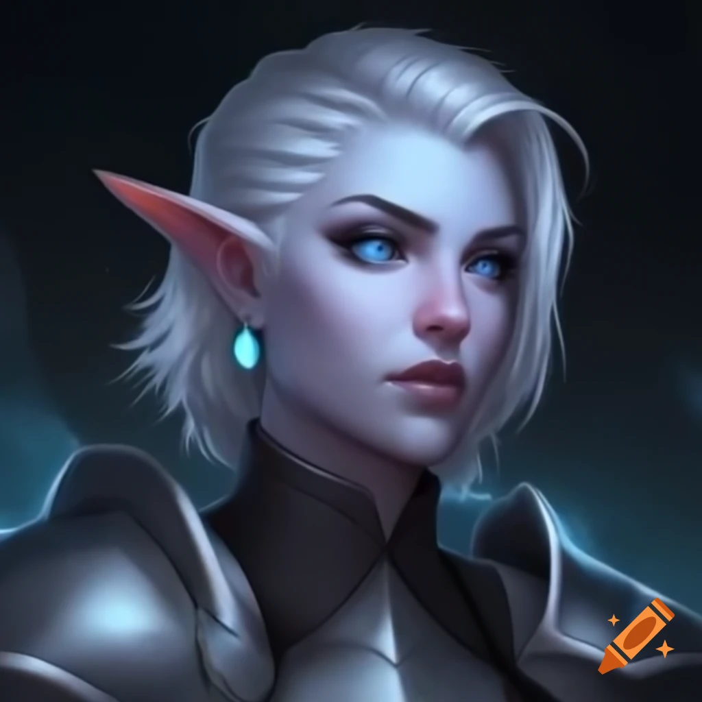 Female paladin changeling with grey skin and white hair in armor expressing heartbreak