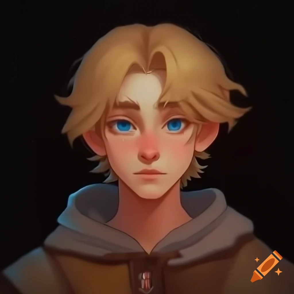 Anime medieval young man with blonde hair and blue eyes in dark background