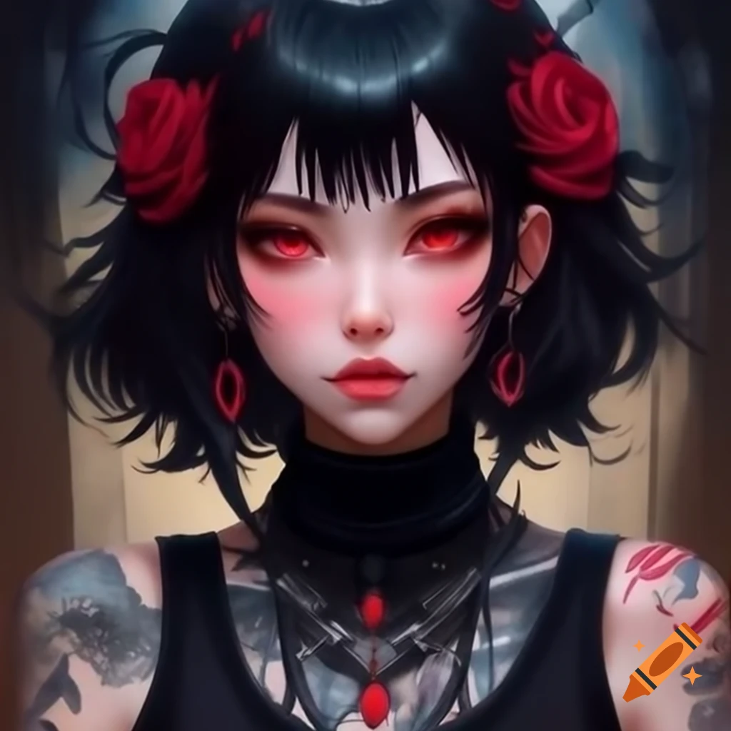 Anime girl with black hair and red eyes, wearing yarn-knit turtleneck and rose vine tattoos