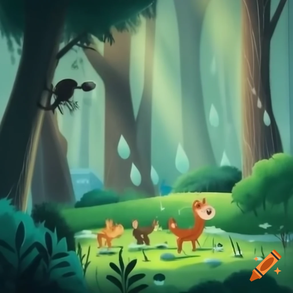 Lush forest during gentle rain with tall trees and wet foliage