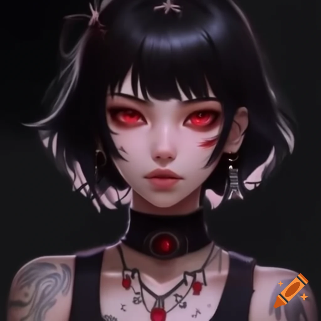Anime girl with short black hair and red eyes, thorned rose vine tattoos, and stylish jewelry