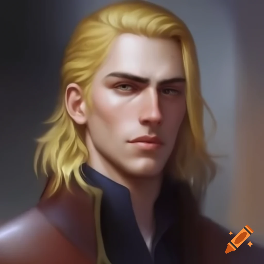 Fantasy art of a noble young man with long golden blonde hair and a serious expression