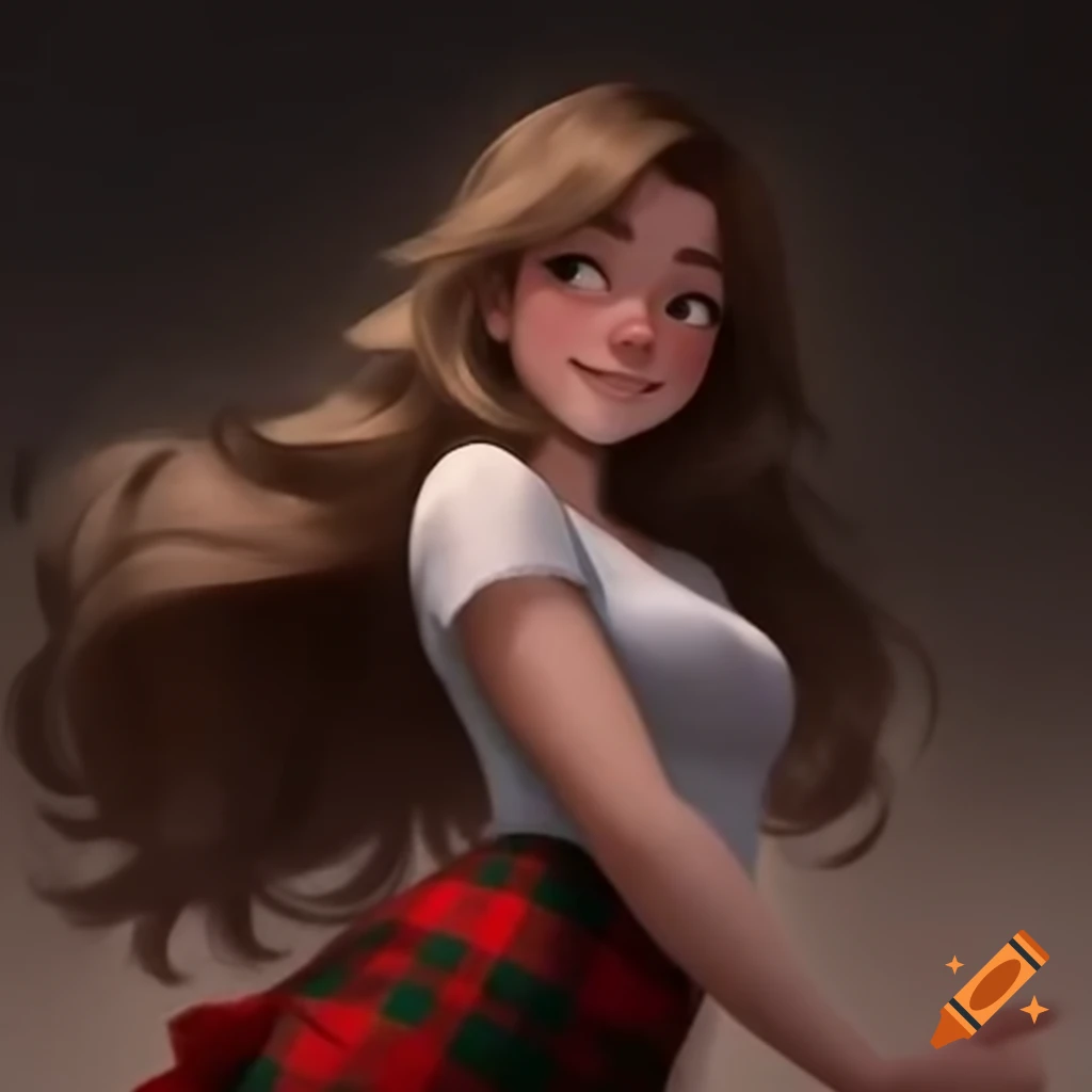Young woman with wavy light brown hair and grey-green eyes, dancing in white top and red kilt