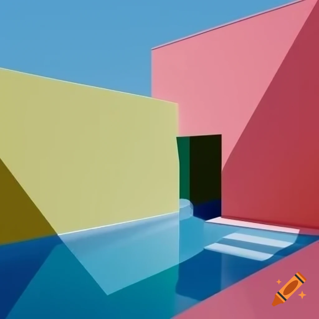 Interior architecture poster featuring minimalist monochromatic design with pool and large plant