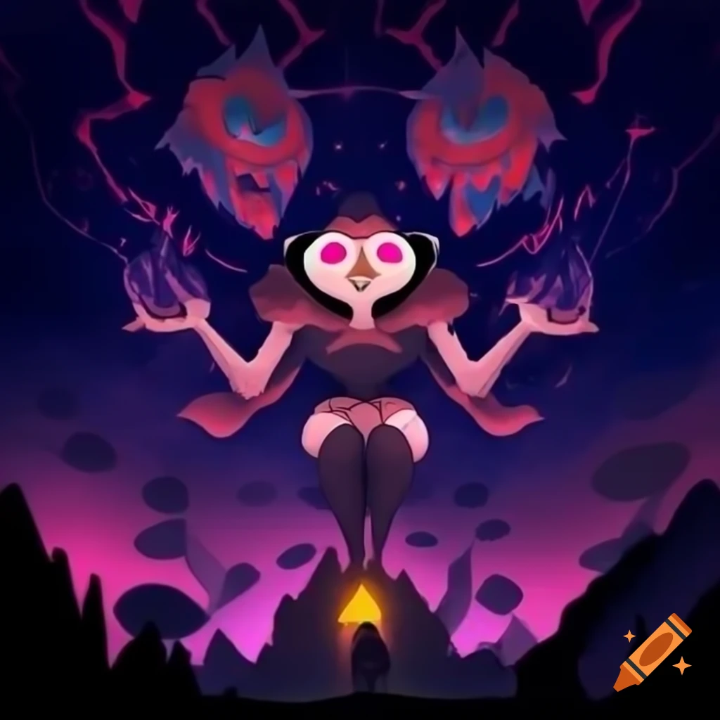Surreal cosmic battlefield with colorful cartoon style and psychic energy