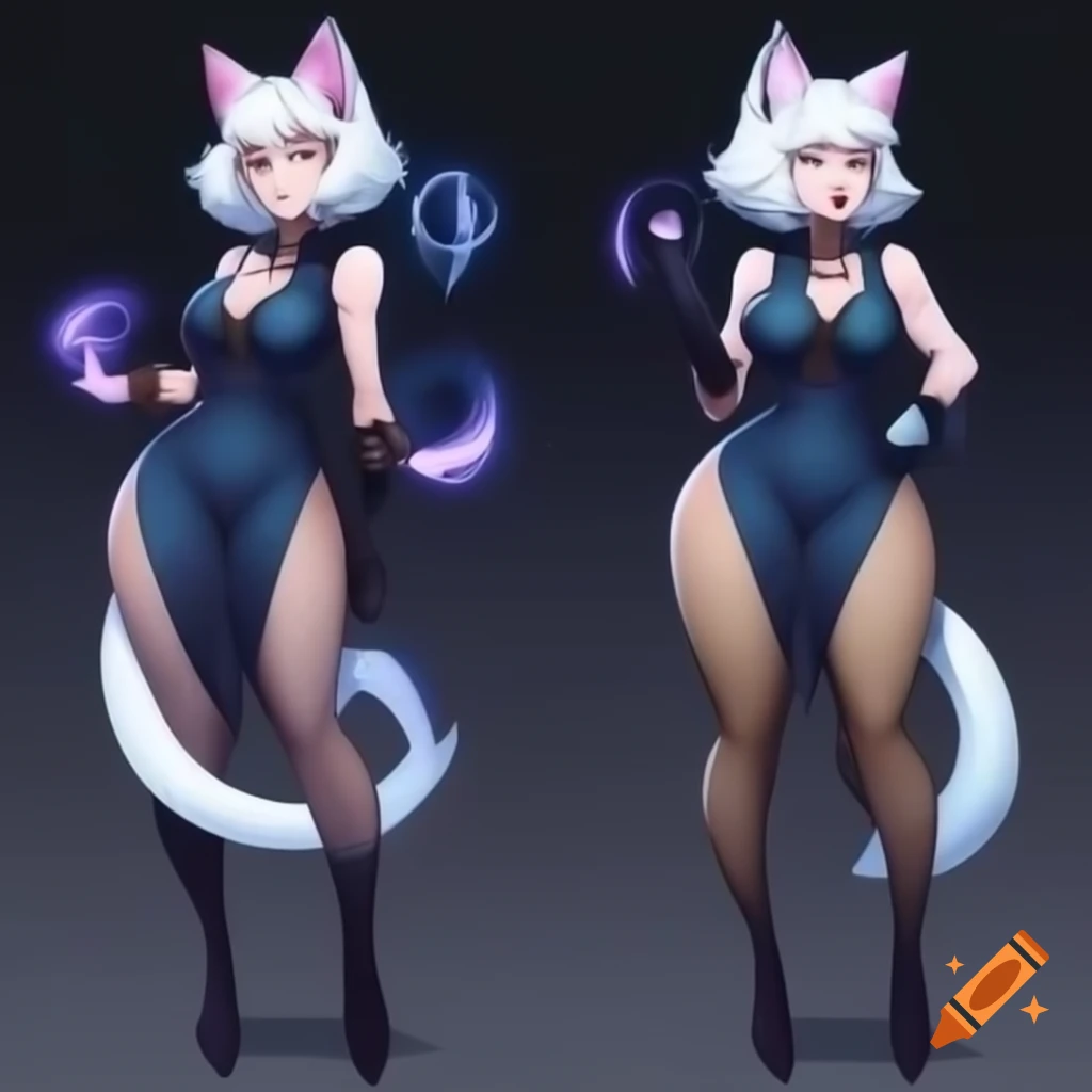Character with white cat ears, tail, and sharp yellow eyes, styled short white hair