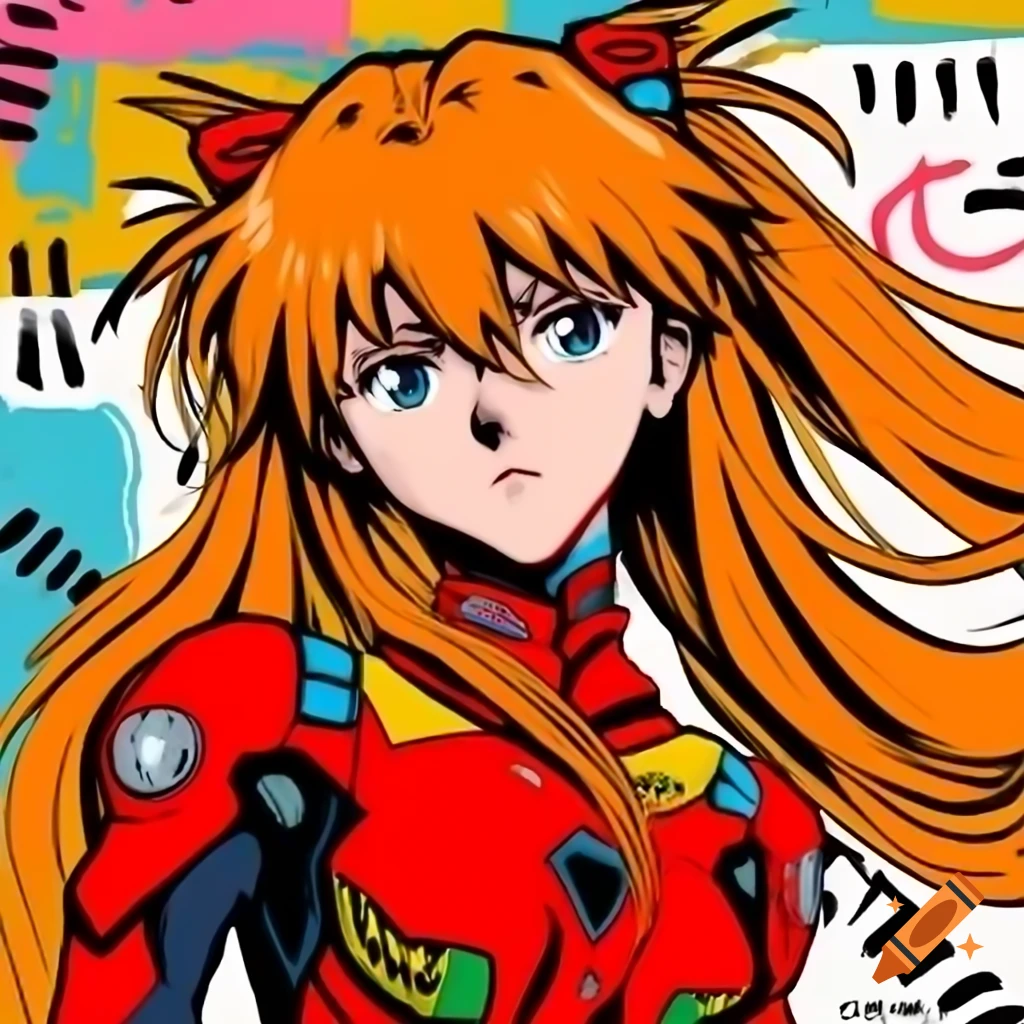 Asuka Langley in red pilot suit combining Basquiat style with Evangelion anime art