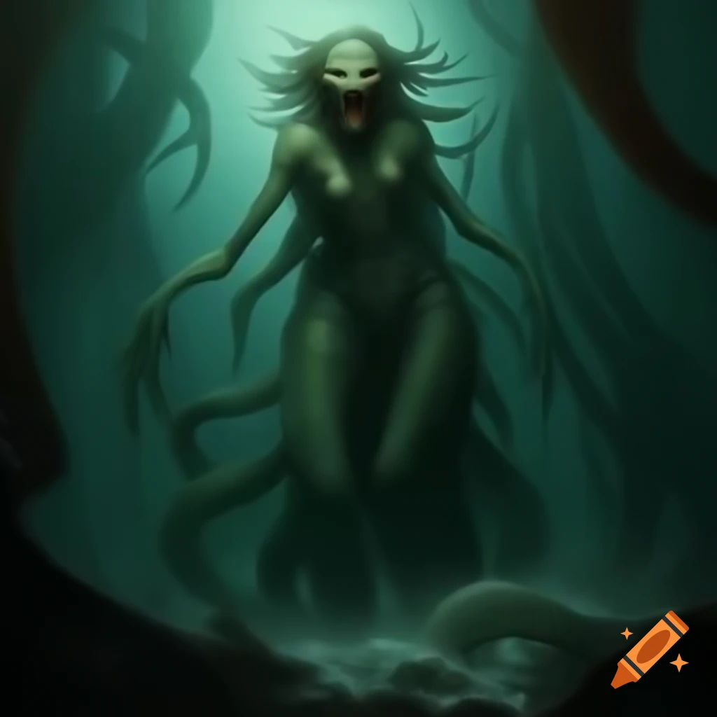 Fearsome ancient creature inspired by Grendel's mother, monstrous and human-like