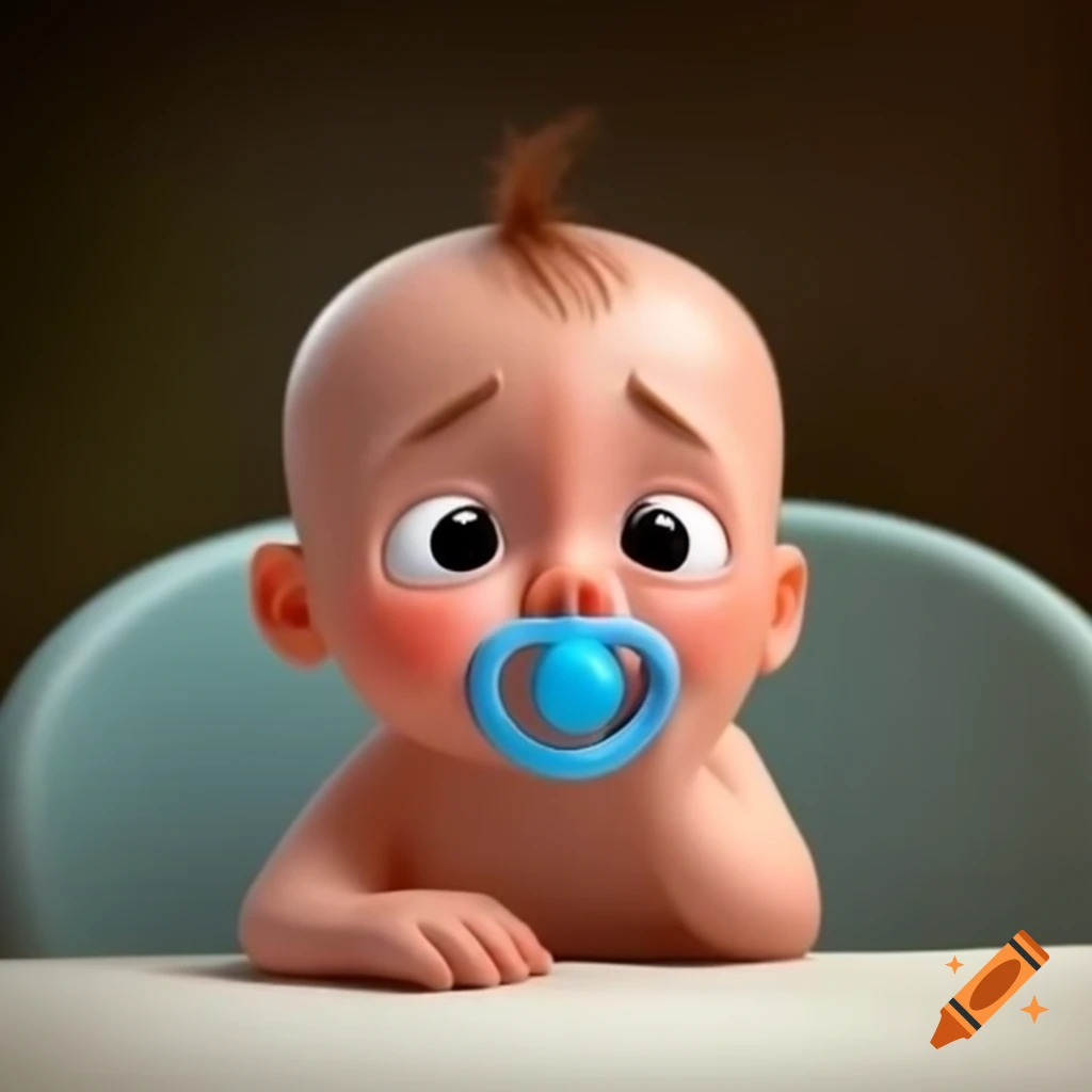 Cartoon of a baby crying with a blue pacifier