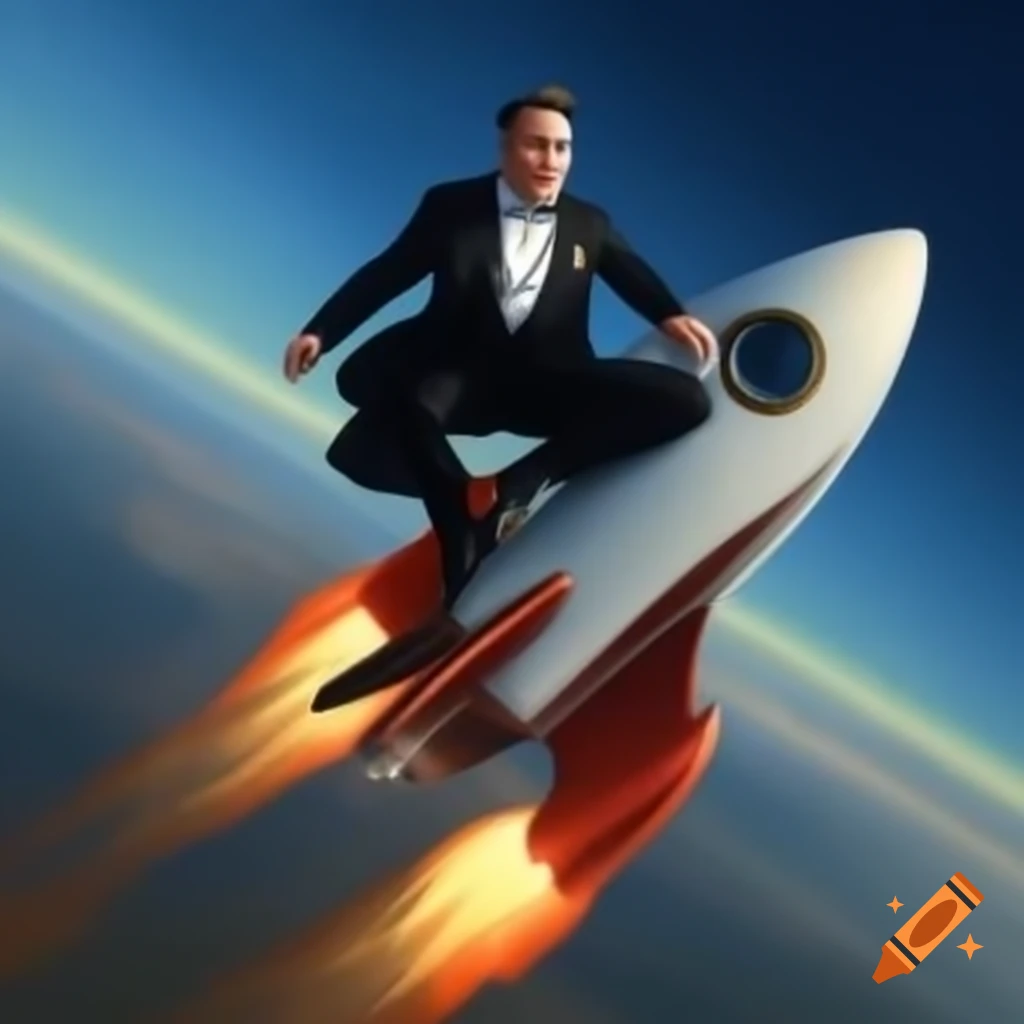 Elon Musk in tutu riding a rocket, hyperrealistic portrait