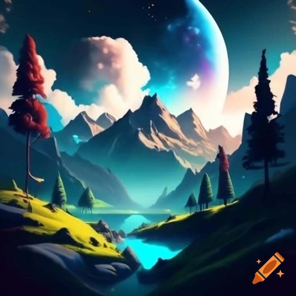 Wide mountain landscape with abstract vector effect, lush green trees