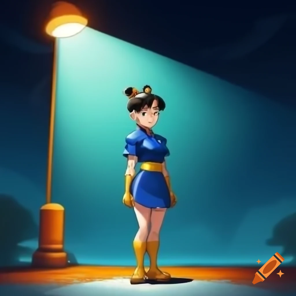 Anime Chun-li from Street Fighter akimbo in front of a floodlight