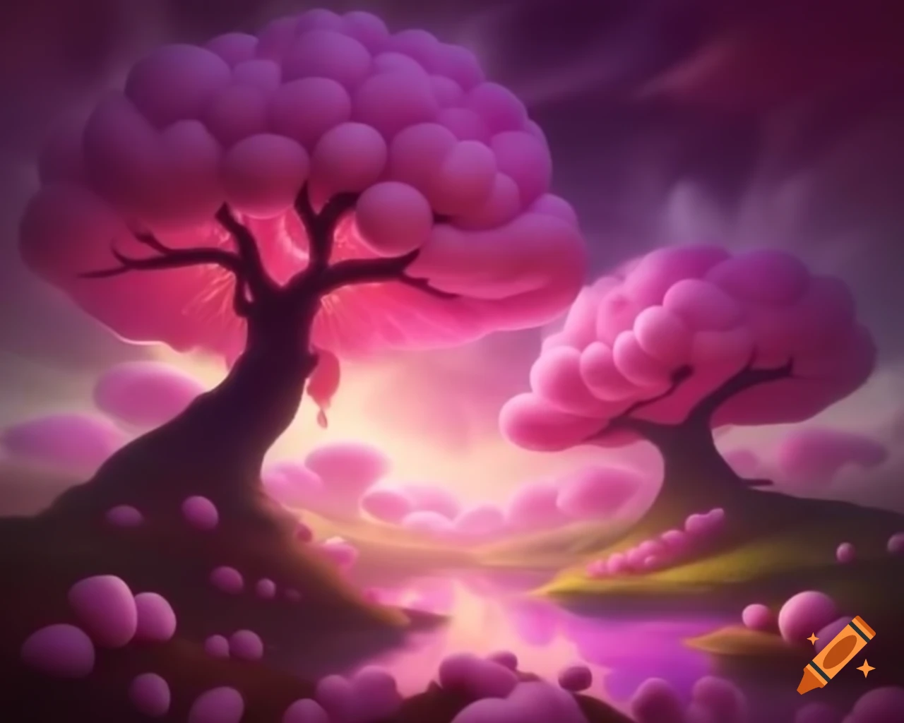 Colorful fantasy landscape with chocolate lake and cotton candy trees