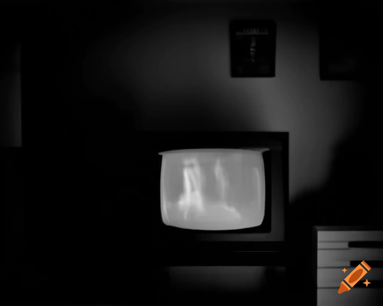 Eerie dark television in 1980s living room setting