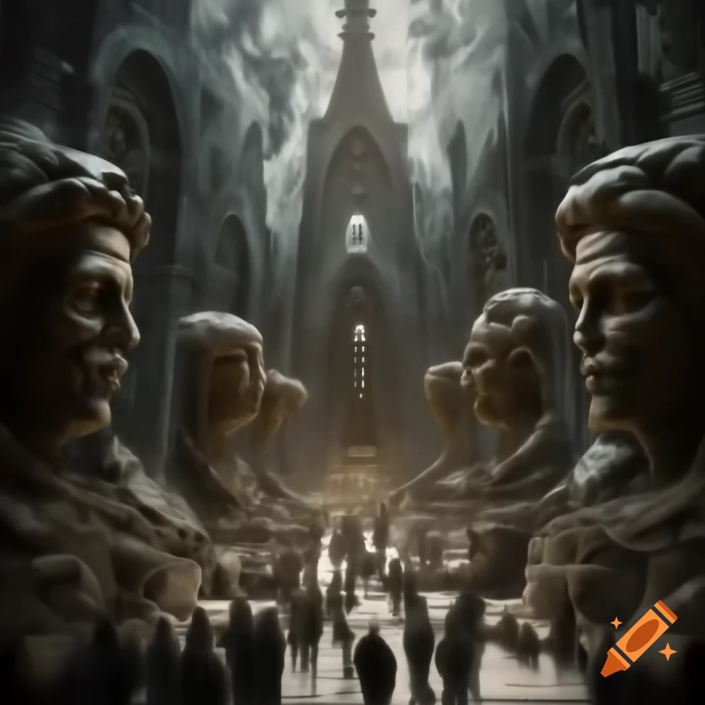Surreal bronze engraving of a church in abyssal depths, modern sculpture