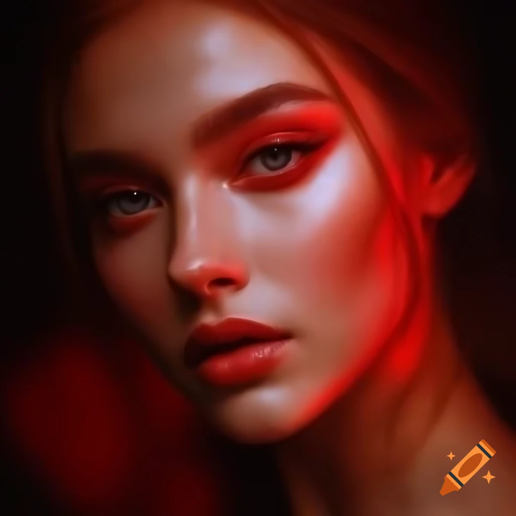 Close-up portrait of a luxurious red-headed woman with expressive eyes in soft red light