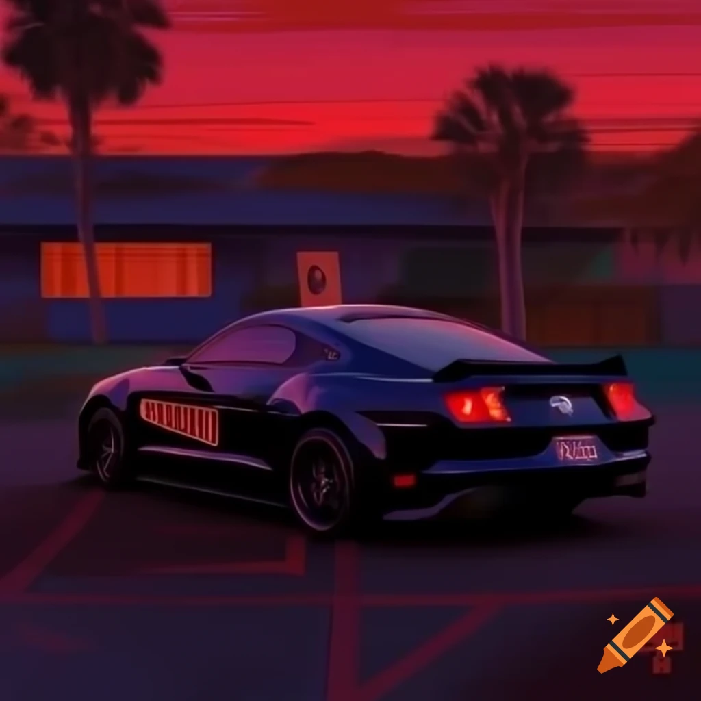 Sunset over horizon with Foxbody Mustang parked in foreground, song cover art