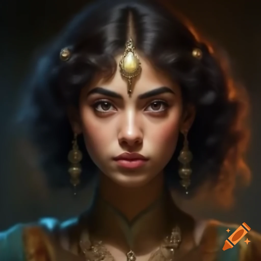 Realistic portrait of a young magical Persian woman in ornate robes