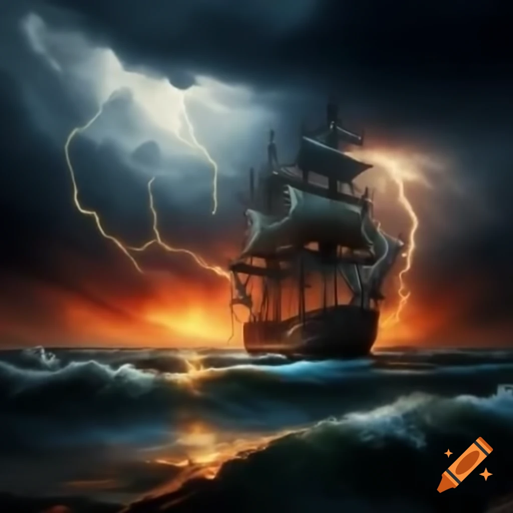 Stormy ocean with lightning and small pirate ship