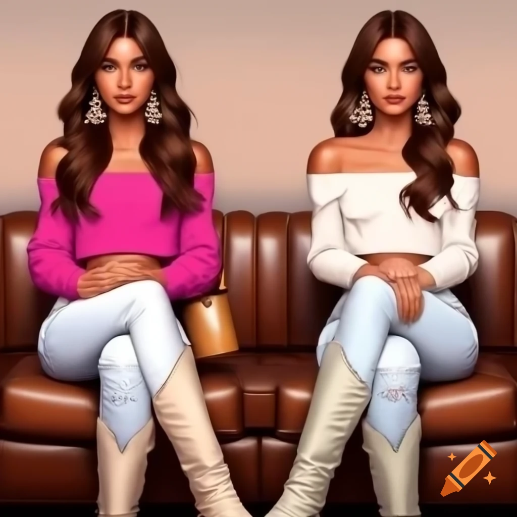 Comic panel featuring two strong women in fashionable outfits sitting on leather couch