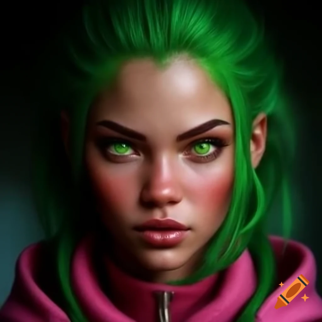Hyper-realistic photograph of a woman with green hair and eyes in pink clothing