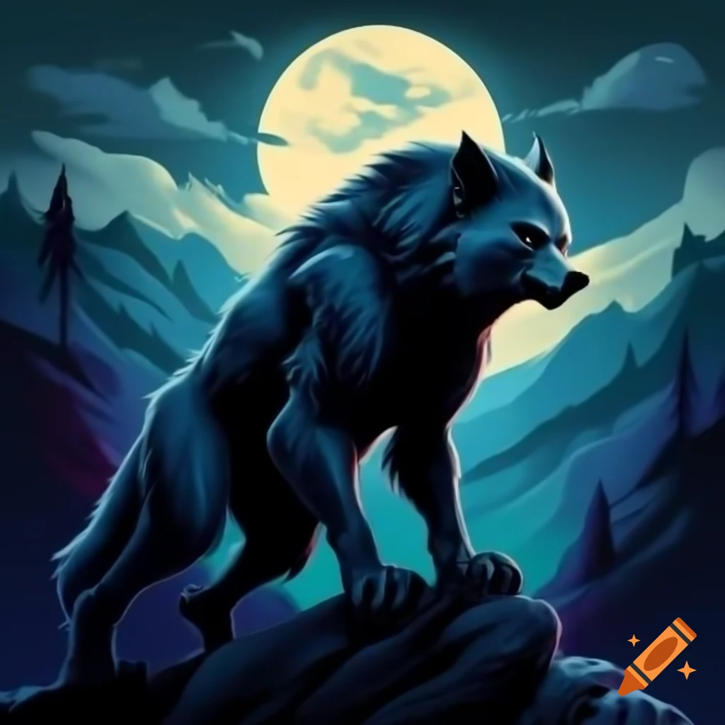 Werewolf standing on cliff surrounded by trees under full moon