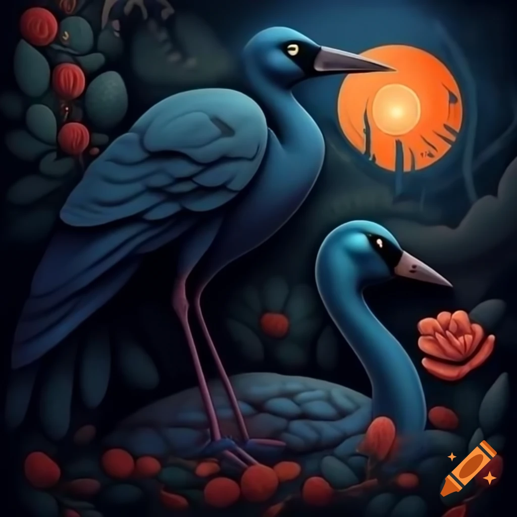 Mystical Curandera Raven and elegant Mother Goose illustration in artistic style