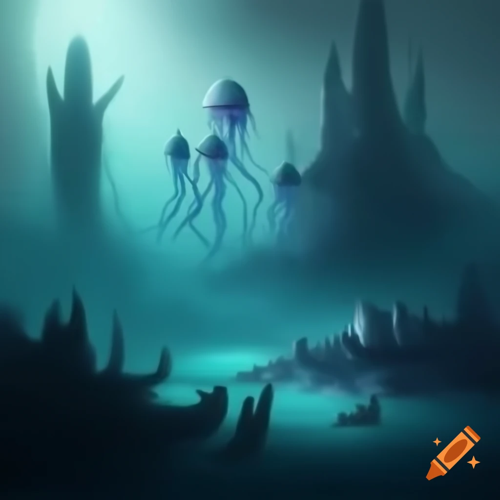 Mythological underwater city inspired by Atlantis featuring minimalist design