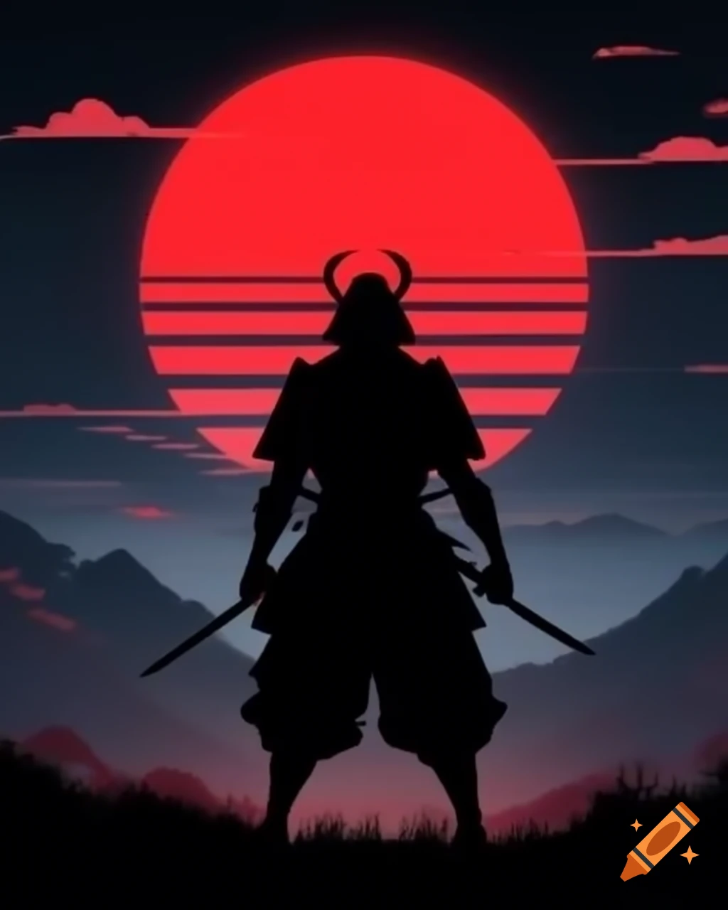 Silhouette of samurai against red sun, suitable for phone case design