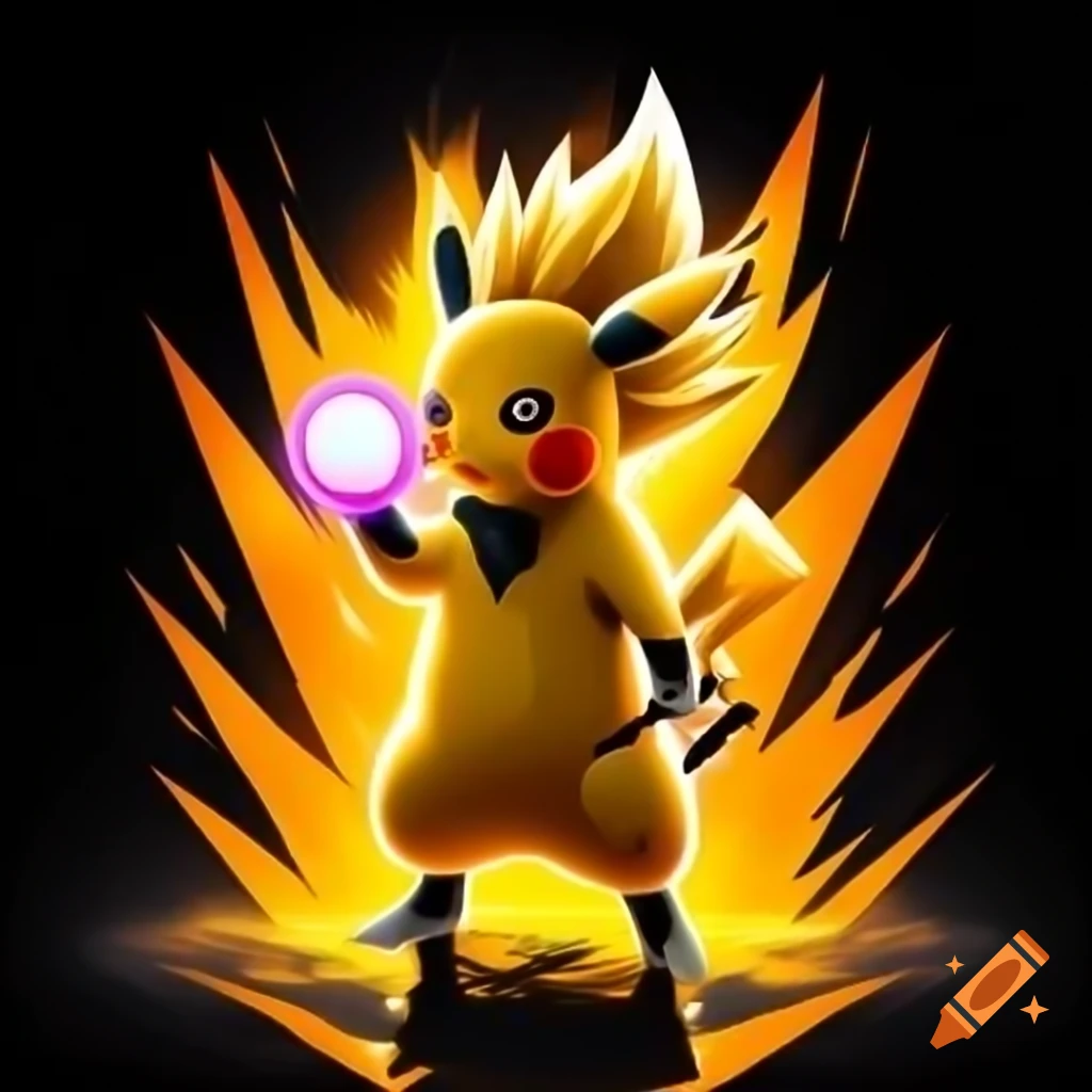 Pikachu with Super Saiyan hair and golden aura in Dragon Ball Z style