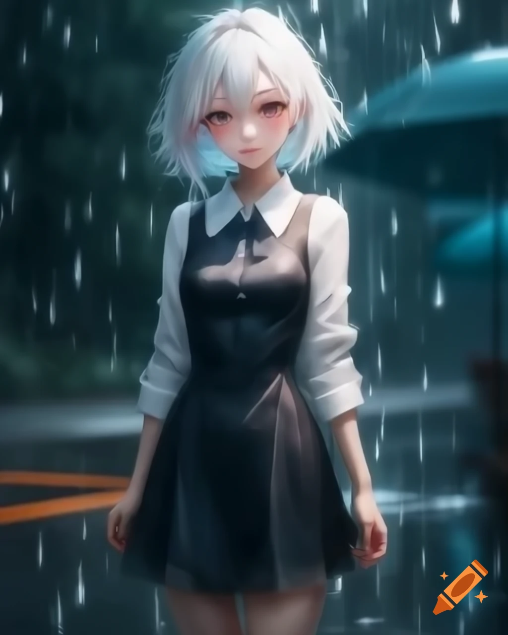 Anime woman with white hair in dress on a rainy day